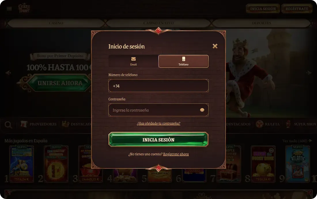 iniciar sesión en el casino crazytower con numero de telefono